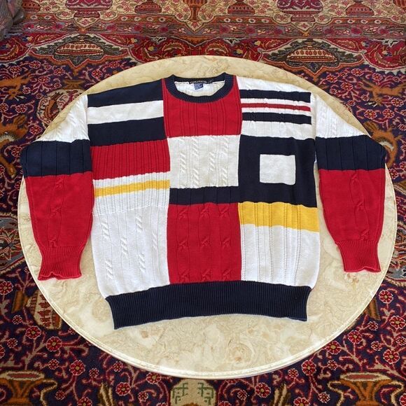 90’s Nautica Colour Block 100% Cotton Multi Colour Cable Knit Oversized Sweater - Picture 9 of 13